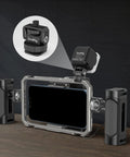 Lightweight Mini Ball Head Cold Shoe Mount Adapter With Quarter Inch 20 Thread attached to camera cage for LED video light setup.