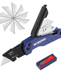 Front view of blue WORKPRO folding utility knife with quick-change blades and 13 extra blades; blade storage case.