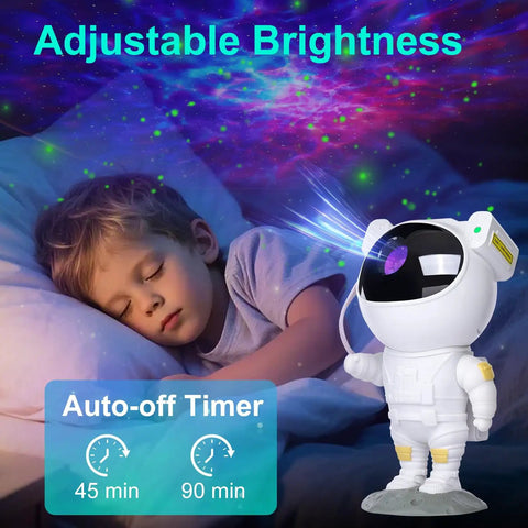 Child sleeping under Nebula Night Light Projector For Kids With 8 Nebula Effects And Green Twinkling Stars, astronaut design