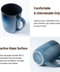 14oz Ceramic Coffee Mugs Set Of 6 With Easy Grip Handle In Ice Snow Blue Glaze With Star Blue Accents And Gold Rim, mug details