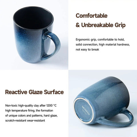 14oz Ceramic Coffee Mugs Set Of 6 With Easy Grip Handle In Ice Snow Blue Glaze With Star Blue Accents And Gold Rim, mug details