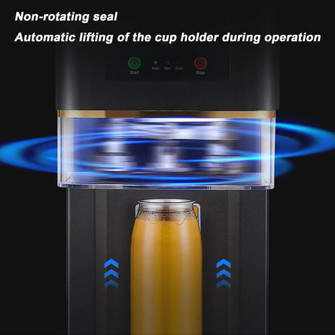 Commercial Grade Vacuum Cup Sealer With LCD Counter And Adjustable Heat Dial, features automatic cup holder lifting and non-rotating seal.