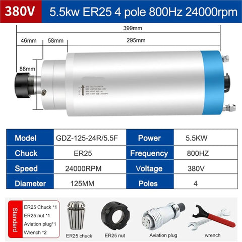 Solid As A Rock Cnc Milling Machine Powered By 5.5Kw Water Cooled Spindle And 24000Rpm Vfd Encoder System For Bang On Target Metal Engraving With Er25 Er32 Collet Chucks Up To 125Mm Capacity, featuring 5.5kw ER25 spindle specifications.