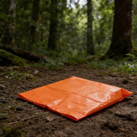 Orange sheet on forest path, unrelated to Heavy Duty Cart Liner Bag For Street Sweepers And Utility Carts Waterproof Oxford Cloth.