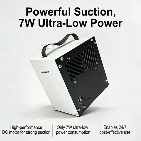 Low Power Solder Fume Extractor With 4 Layer Filtration, black and white, 7W, portable with carrying handle.