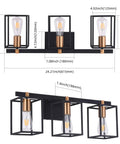 Industrial Style 3 Light Vanity Light Fixture In Black And Antique Brass With Metal Cage Frame dimensions