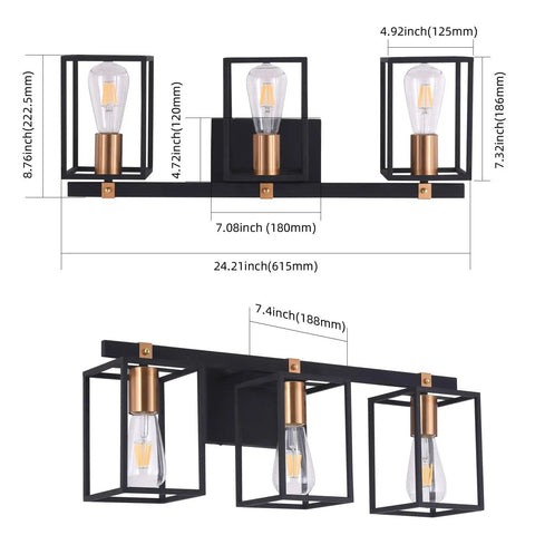 Industrial Style 3 Light Vanity Light Fixture In Black And Antique Brass With Metal Cage Frame dimensions