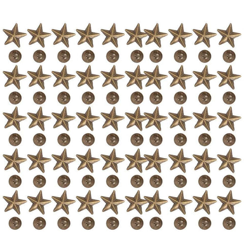 Front view of a 50-piece brass-tone star studs and 14mm Chicago screw rivet set for DIY clothes, shoes, purses