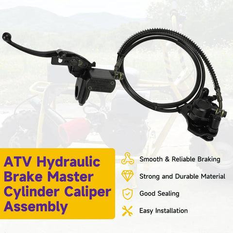 Left Hydraulic Disc Brake Master Cylinder Caliper Assembly for 50cc to 250cc ATVs and Quad Bikes, black, coiled hose visible.