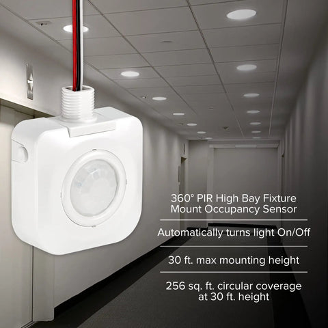 High Bay Light Fixture Mount With 360 Degree PIR Occupancy Sensor for auto on off indoor lighting displayed in a commercial hallway