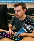 50 Pack Pre Lubricated 3-Pin Tactile Keyboard Switches Blue For Mechanical Keyboards Smooth Actuation Crisp Rebound Dope Feel Easy Install Ideal For Custom Builds And 3D Printed Keyboard Projects. Man typing on RGB mechanical keyboard with blue tactile switches