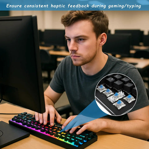 50 Pack Pre Lubricated 3-Pin Tactile Keyboard Switches Blue For Mechanical Keyboards Smooth Actuation Crisp Rebound Dope Feel Easy Install Ideal For Custom Builds And 3D Printed Keyboard Projects. Man typing on RGB mechanical keyboard with blue tactile switches