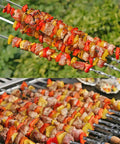 Grilled kebabs on 12 Pack 22 Inch Stainless Steel Kabob Skewers With Wide Reusable Nonslip Wooden Handles Heavy Duty BBQ Skewers