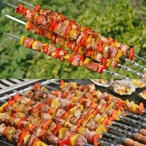Grilled kebabs on 12 Pack 22 Inch Stainless Steel Kabob Skewers With Wide Reusable Nonslip Wooden Handles Heavy Duty BBQ Skewers