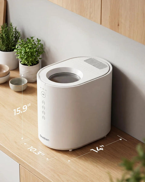 OK-255 Electric Kitchen Composter Turns Food Scraps Into Fertilizer, 5.5L Large Countertop Bin on wooden kitchen counter