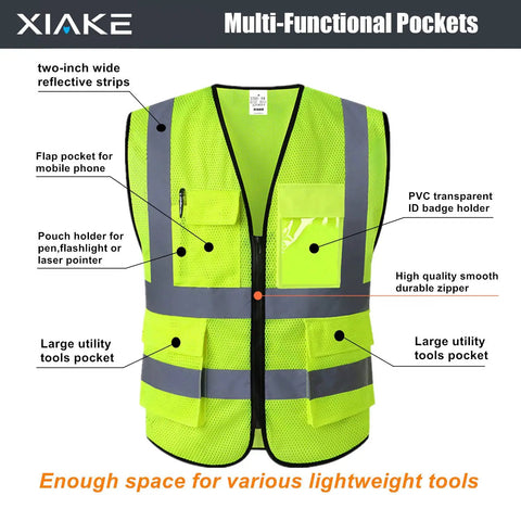 High Visibility Reflective Safety Vest For Men And Women With Pockets Breathable Mesh Fabric Machine Washable Hi Vis Vest ANSI Certified Yellow Loose Fit Large All Day Everyday Work displayed with labeled pockets and reflective strips