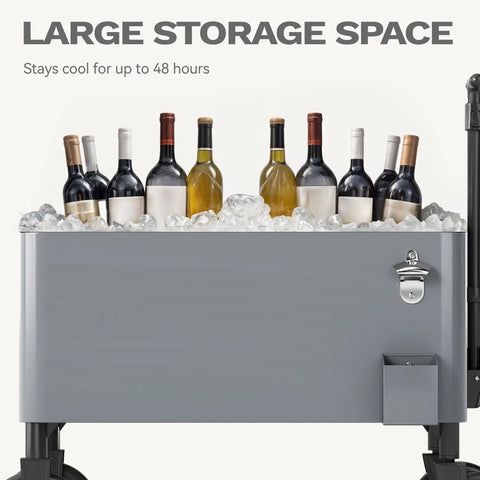 80 Quart Outdoor Rolling Ice Chest Wagon Cooler Cart With XL Wheels filled with bottles on ice for beach patio and parties.