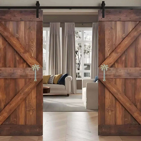 Rustic wood barn doors with Heavy Duty Coconut Tree Shaped Barn Door Handles 7.5 Inch Cast Iron Pulls in living room setting.