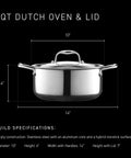 Hybrid Nonstick 5-Quart Dutch Oven With Stainless Steel Lid and Stay-Cool Handles, includes dimensions and specifications