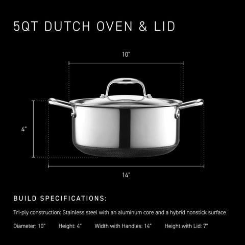 Hybrid Nonstick 5-Quart Dutch Oven With Stainless Steel Lid and Stay-Cool Handles, includes dimensions and specifications