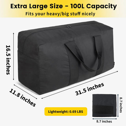Massive 100L Duffle Bag for Travel and Weekender Getaways Foldable Gear Carrier With Extra Wide Three Inch Webbing Durable Black Duffle