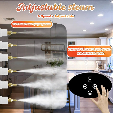 Pro Level Handheld Steam Cleaner With Lightning Fast Fifteen Second Heat Up And Heavy Hitter 2500 Watt Power Includes Five Multi Surface Brushes Plus Extra Long Reaching Rod For Quick Deep House Scrubbing Tasks Bright White adjustment feature with six adjustable speed settings displayed on a touchscreen.