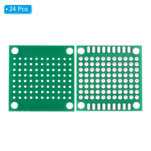Close-up of two green 24 Pack 1.2 Inch By 1.2 Inch Single Sided Perfboard Prototyping PCBs Green FR4 For DIY Soldering And Electronics Projects