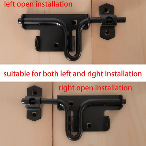Heavy Duty Slide Bolt Gate Latch featuring reliable padlock hole for wood fences and vinyl gates, shown with left and right installation options.