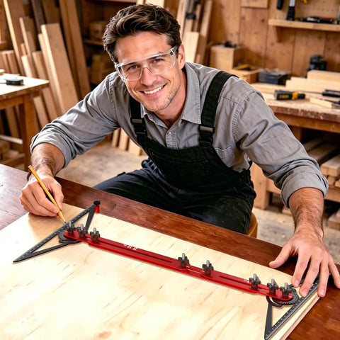 Craftsman using Built Tough Adjustable Aluminum Stair Tread Template Tool for precise measuring in carpentry.