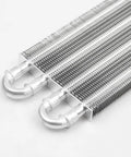Heavy Duty 4 Row Aluminum Transmission Oil Cooler Universal Kit With 6 Pass Tube And Fin Design, Includes 6 AN Lines For Engine Cooling, Extends Lifespan, Reduces Heat And Keeps Your Ride Crisp. 4-row aluminum cooler with U-tube ends
