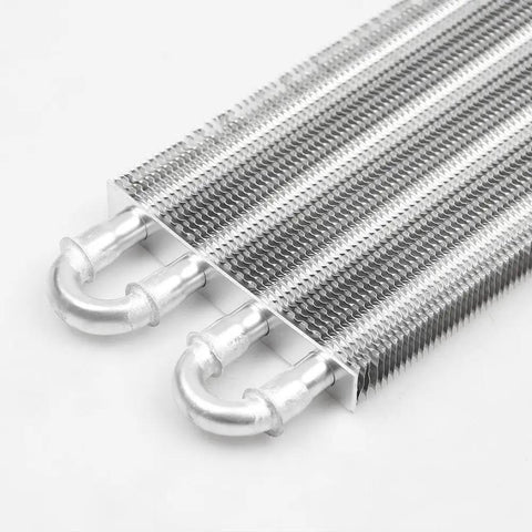 Heavy Duty 4 Row Aluminum Transmission Oil Cooler Universal Kit With 6 Pass Tube And Fin Design, Includes 6 AN Lines For Engine Cooling, Extends Lifespan, Reduces Heat And Keeps Your Ride Crisp. 4-row aluminum cooler with U-tube ends