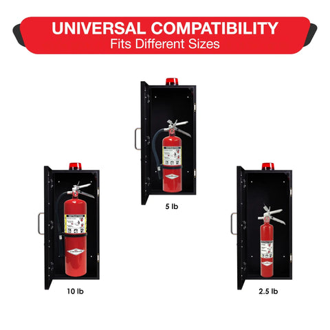 Heavy Duty Fire Extinguisher Cabinet With Alarm And Secure Lock Featuring Clear Breakable Acrylic Window showing 10 lb and 5 lb models