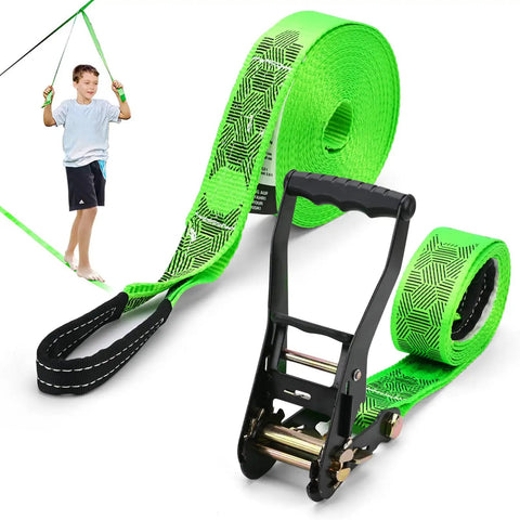 Child using Slackline Kit With Training Line Tree Protectors Ratchet Protectors Arm Trainer Easy Setup Guide Family Friendly