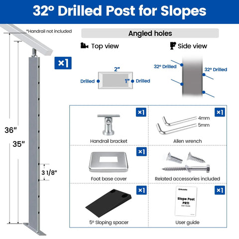 Diagram of Slope Cable Railing Post 36 Inch For 25 To 40 Degree Slopes Brushed T304 Stainless Steel System with accessories.