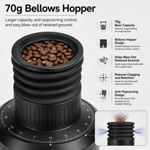 70g Bellows Hopper filled with coffee beans, designed for Stepless Burr Coffee Grinder With 80Mm Flat Burrs And 550W Brushless Motor.