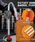 Heavy Duty Hand Crank Drum Pump For 55 Gallon Barrels With Adjustable Aluminum Suction Tube in use transferring fuel.