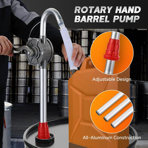 Heavy Duty Hand Crank Drum Pump For 55 Gallon Barrels With Adjustable Aluminum Suction Tube in use transferring fuel.
