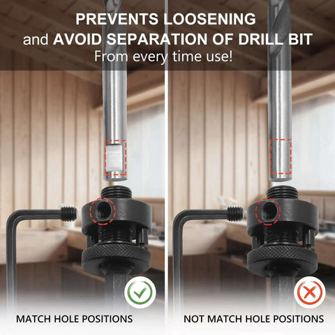 Front and side views of JTemgle hole saw arbor with 1/2 in hex shank and 5 center drill bits.