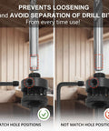 Two-panel view of a 9-1/4-inch bi-metal hole saw with 1/2-inch hex shank; left shows correct hole positions, right shows mismatch.