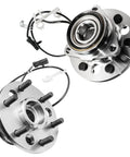 4x4 Front Wheel Bearing Hubs Assembly For Chevy Tahoe Suburban K1500 K2500 And Cadillac Escalade 1995 To 2000 6 Stud Front Hubs Pair Replacement Direct Fit 4WD, showing two metal hub assemblies with ABS sensor wires and six-bolt design.