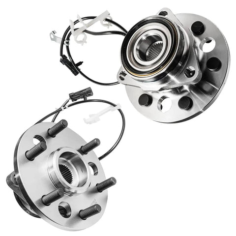 4x4 Front Wheel Bearing Hubs Assembly For Chevy Tahoe Suburban K1500 K2500 And Cadillac Escalade 1995 To 2000 6 Stud Front Hubs Pair Replacement Direct Fit 4WD, showing two metal hub assemblies with ABS sensor wires and six-bolt design.
