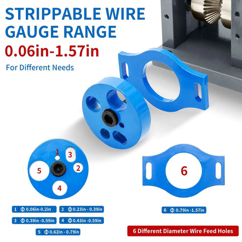 Portable Manual Wire Stripper Machine With Hand Crank Adjustable 0.06 To 1.57 Inch Cable Stripper For Drill featuring blue wire gauge range adjusters and six diameter wire feed holes.