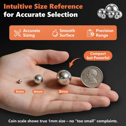 Hand holding 1mm to 8mm balls from 650 Piece 304 Stainless Steel Bearing Balls Set for DIY Projects showing size with a coin for scale.