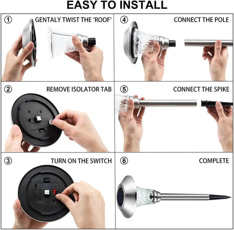 Installation guide for Solar Pathway Lights Outdoor Waterproof With Glass Stainless Steel Build showing assembly steps.