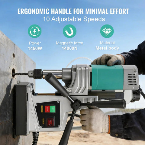 Massive 2-Inch Industrial Magnetic Drill Press With 1450W Motor For Heavy Duty Metal Work, showing ergonomic handle and controls.