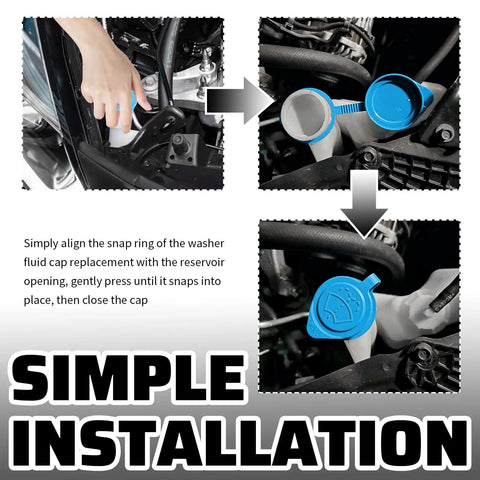 Windshield Washer Fluid Cap Replacement For Acura RDX MDX ILX And Honda CR-V Civic No-Fuss Direct Fit OE-Grade Reservoir Cap 38513-SC4-672 Easy Install Car Accessory shown with simple installation process steps.