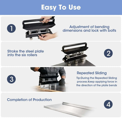 Step-by-step guide using 3-Station Edge Roller Bender for Sheet Metal Roofing, 0-90 Degree Adjustable Bending Tool.
