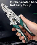 Close-up of 18 In 1 Folding Pliers Multi Tool for Electricians, rubber-coated handle for grip, held in hand.