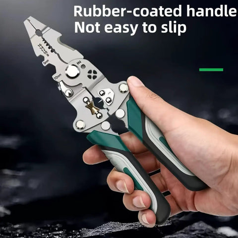Close-up of 18 In 1 Folding Pliers Multi Tool for Electricians, rubber-coated handle for grip, held in hand.