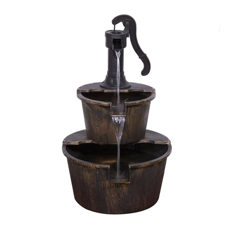Rustic Two Tier Barrel Outdoor Water Fountain With Chill Cascading Flow For Patio Yard Porch Or Landscape Bronze Finish 27 Inch Tall Easy Setup Garden Decor